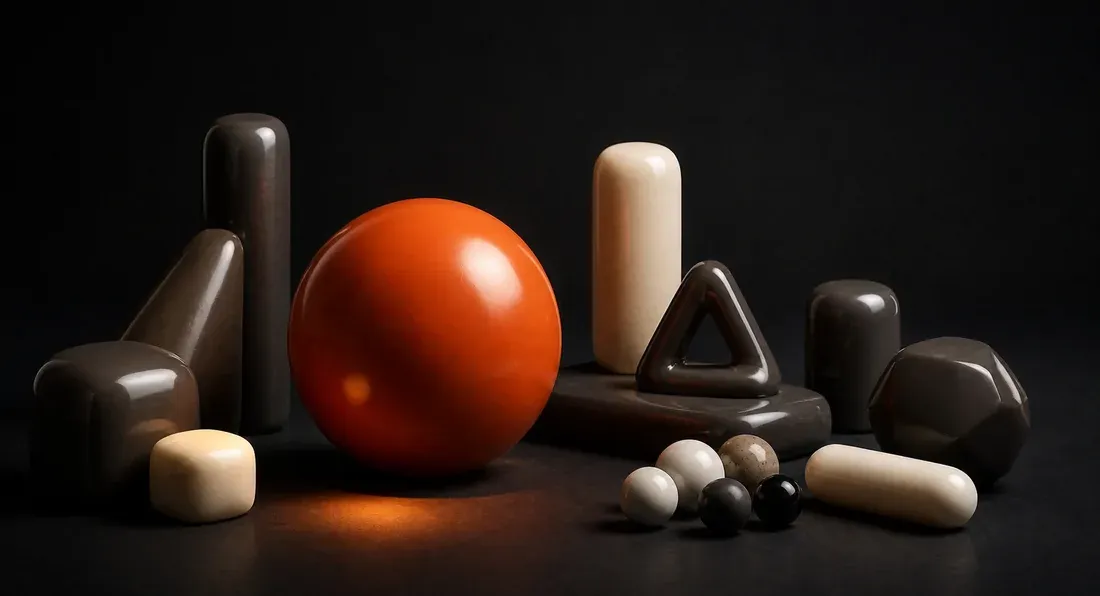 A crowd of soft glossy shapes on a dark ground with one large orange sphere among them.