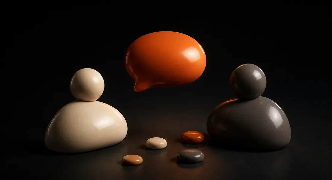 Two soft figures on a dark ground with a glossy orange speech bubble between them.