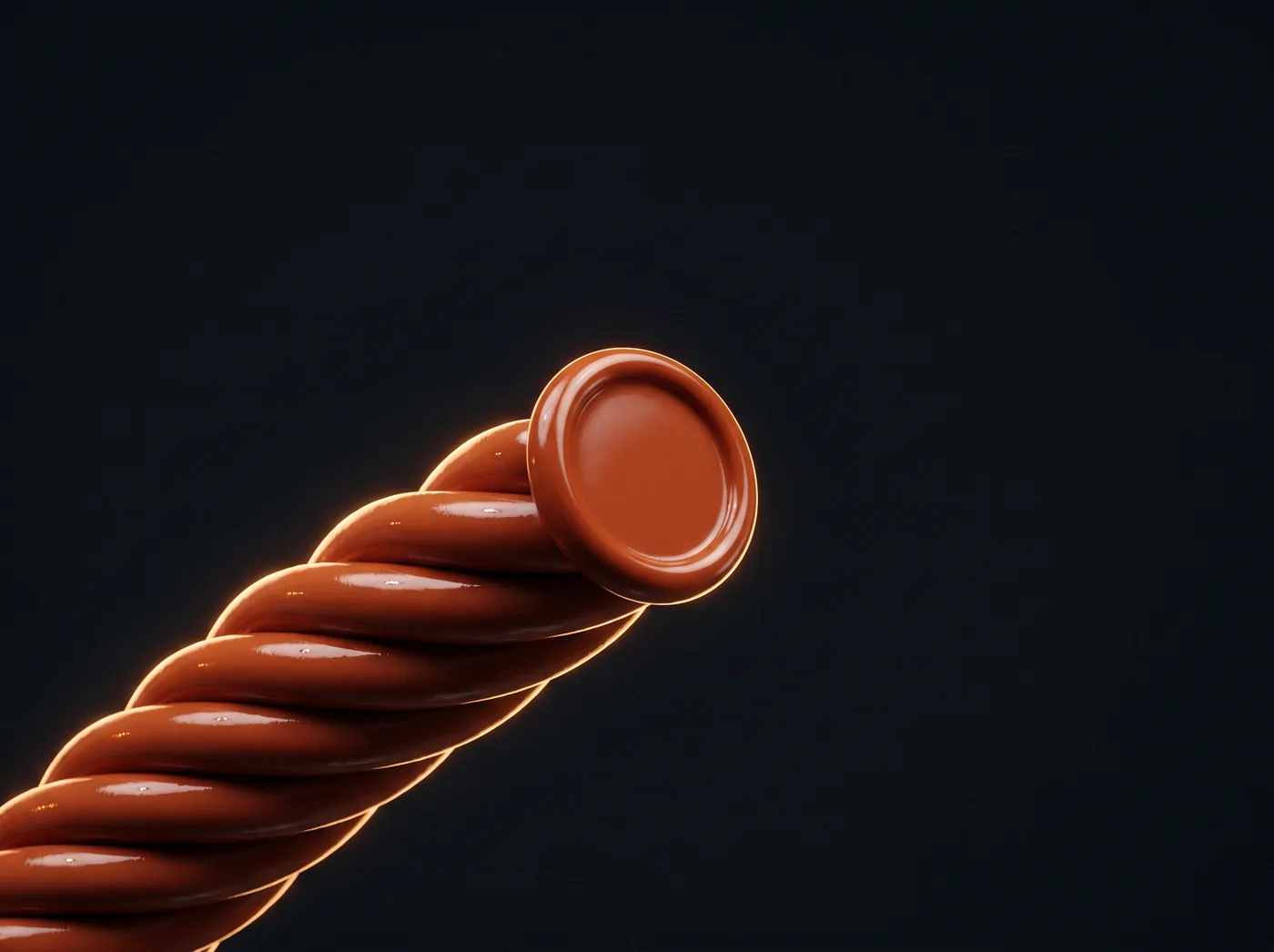 Seven glossy cords twisted into a single rope ending in a pressed seal.