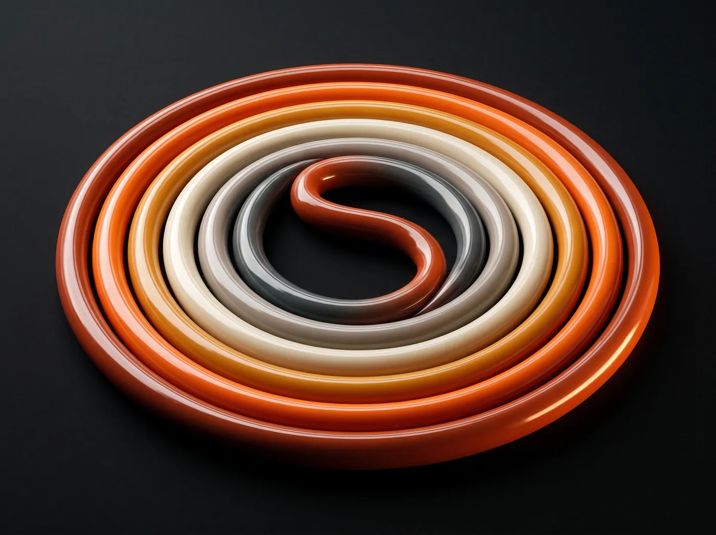 One cord coiled into a spiral, its finish stepping through five distinct tones.