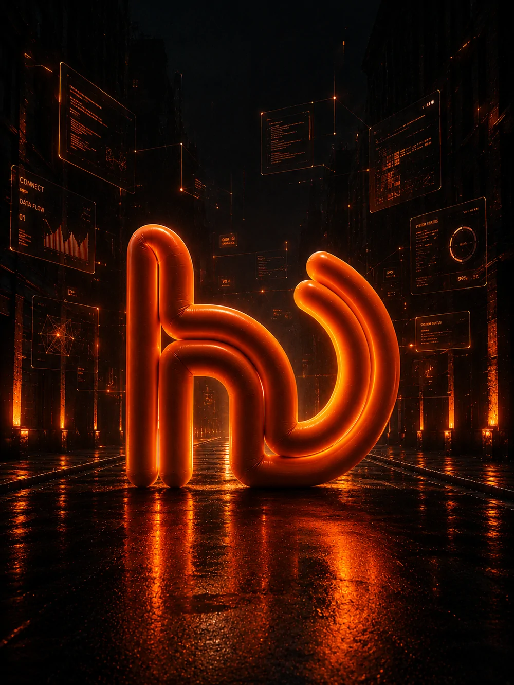 The Hussein Deeb monogram built as a glowing sculpture in a dark, rain-wet street.