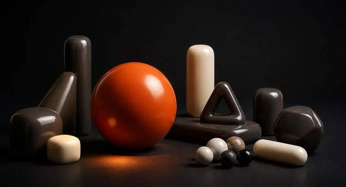 A crowd of soft glossy shapes on a dark ground with one large orange sphere among them.
