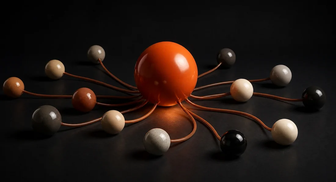 Small spheres joined by curved cords to one large orange sphere at the centre.