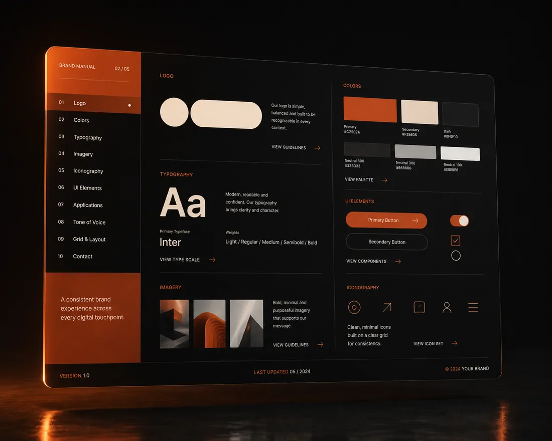 A brand manual open on screen: logo, colour, typography and imagery rules.
