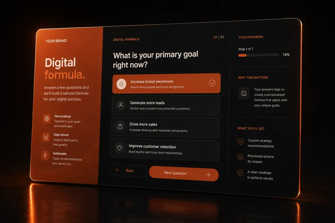 A digital questionnaire on screen, one answer chosen, progress running along the top.