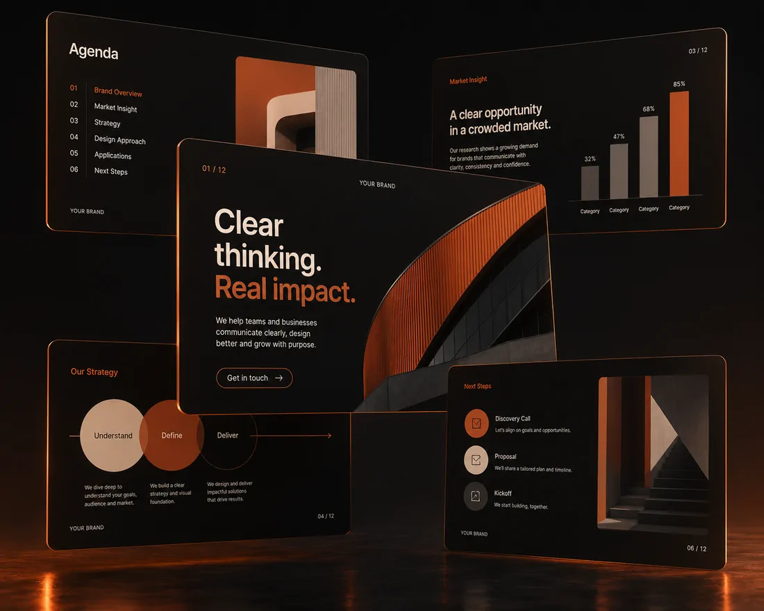 Presentation slides floating in a stack: agenda, statement and chart layouts.
