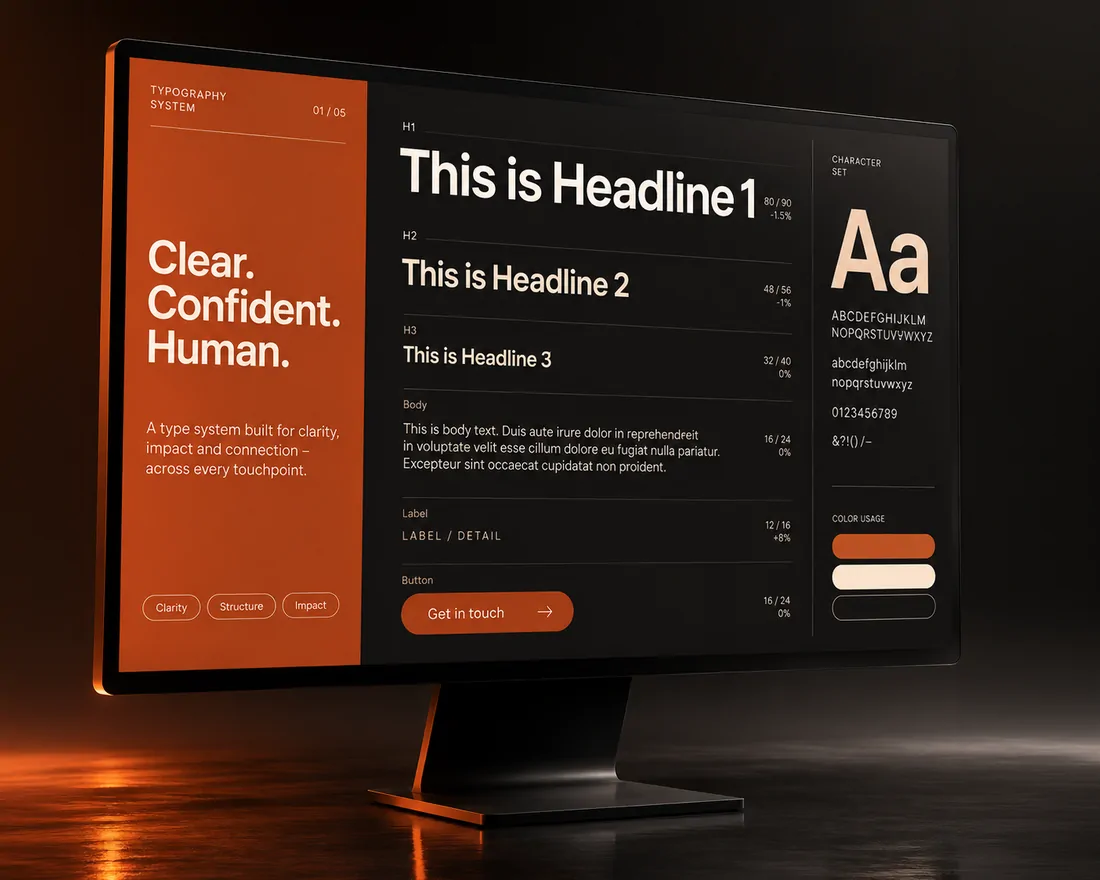 A type system on a monitor: three headline sizes, body text and a character set.
