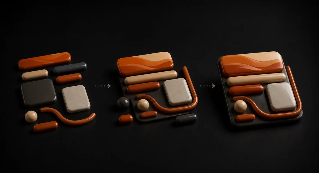 A layout assembling in three stages, each more complete than the last.