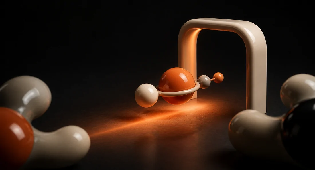 A glossy object crossing a lit arch from one form to another.