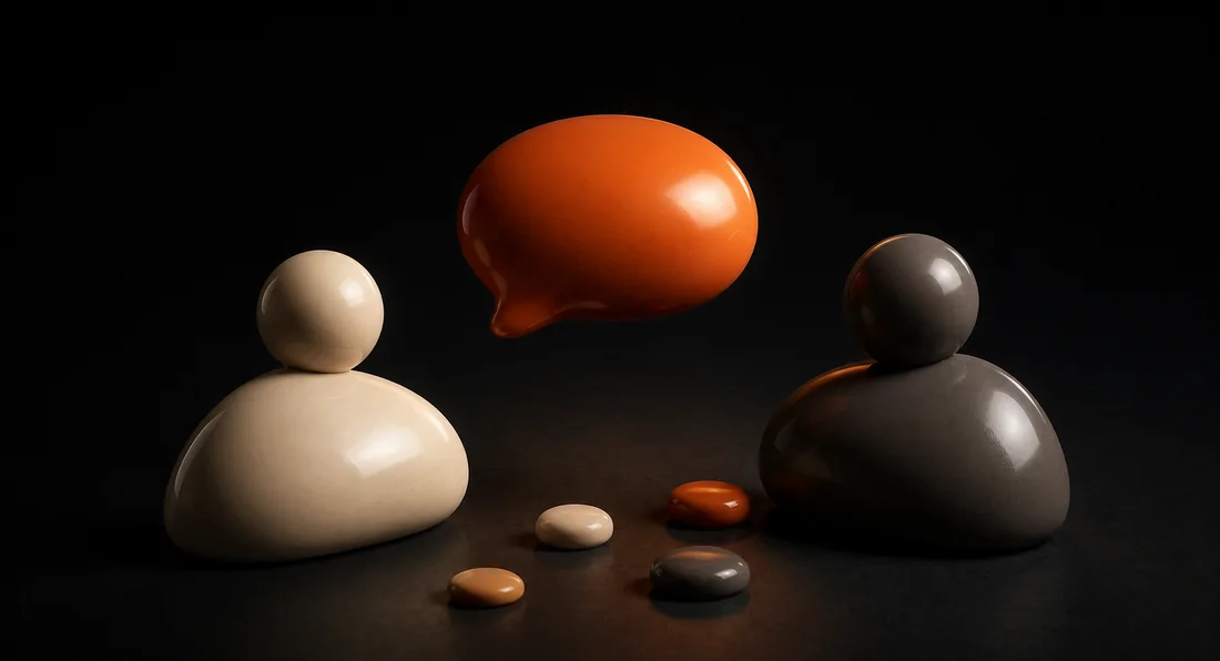 Two soft figures on a dark ground with a glossy orange speech bubble between them.